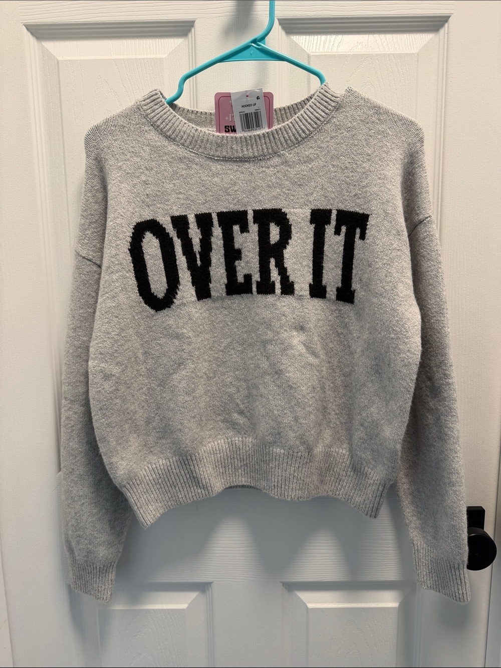 Hooked Up by IOT Light Gray Crewneck Sweater with Black "OVER IT" Text